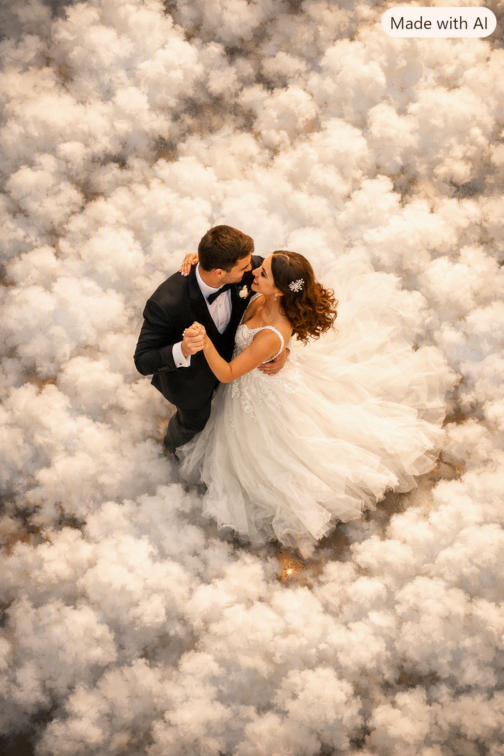 Top view of couple dancing in low cloud effect