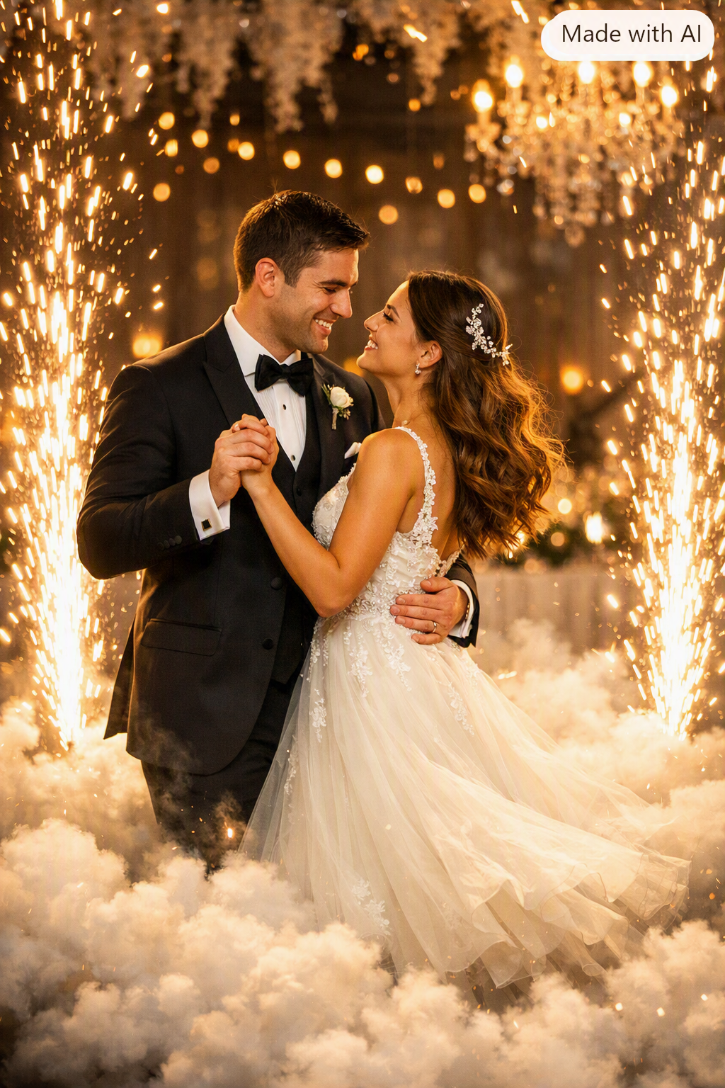 Couple dancing with cloud effect and sparkulars
