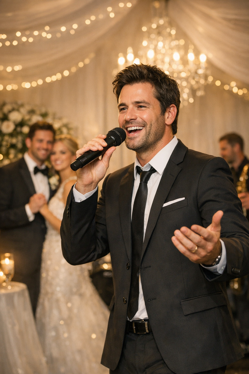 Live wedding singer performing with microphone